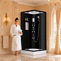 Cabine de douche carrée autoportante à cadre noir avec porte coulissante, douche pluie, affichage numérique et jets corporels pour salle de bain – Vente directe usine