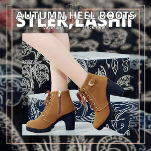 Bottines à talons hauts pour femmes d'automne, boucle de ceinture, talon épais, lacets, talon nu, bottes en caoutchouc léger, personnalisables pour l'hiver - Product Image 2