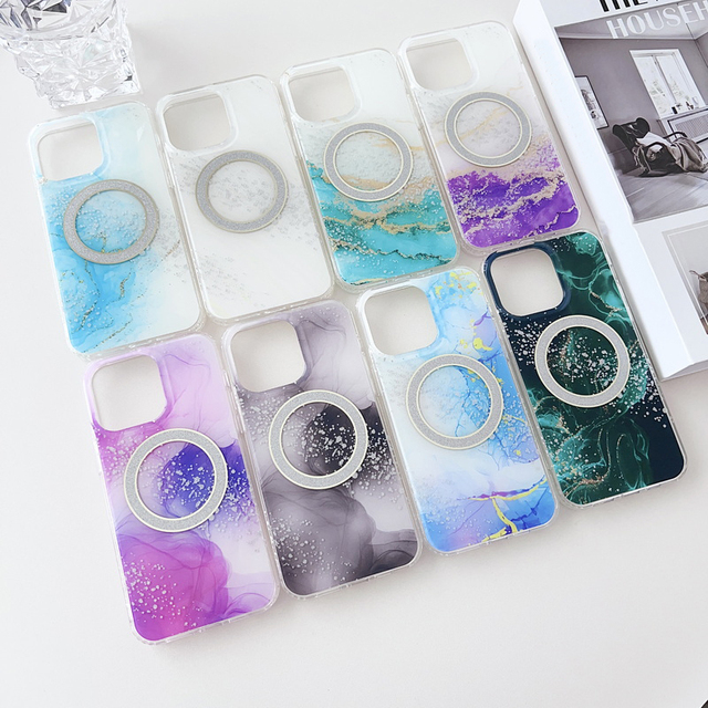 Luxury Glitter Marble Texture IMD Case  for iPhone 14 13 12 Pro Max Magnetic Wireless Charging Shockproof Gradient Cover