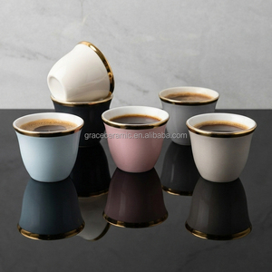 Ensemble de 12 tasses à café expresso en porcelaine osseuse écologique personnalisées avec bordure dorée, style arabe, avec boîte brune - Product Image 2