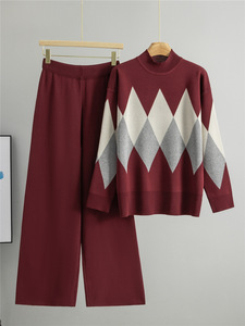 跨境秋冬女装时尚撞色菱形图案拼布宽松休闲防皱毛衣套装 - Product Image 2