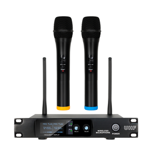 Reporter <span class=keywords><strong>Tiktok</strong></span> Système de son portable professionnel sans fil à suppression de bruit Press to Talk avec 2 microphones dynamiques à main - Product Image 1