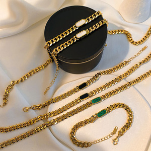 Stainless Steel Cuban Chain <b>Bracelet</b> And Necklace <b>Set</b> 18K Gold Plated 7Mm Inlaid Shell Fashion Jewelry For Women - Product Image 1
