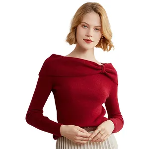 Casual Vrouwen Stijl Strik Brede Hals Hoge-Dichtheid Kasjmier Trui Lange Mouwen Gebreide Top