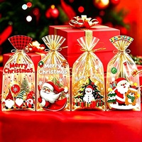 Paquete de 50 Bolsas de Celofán Transparentes OPP con Estampado Navideño de Santa Claus, para Dulces, Galletas y Regalos, con Lazos, para Panadería