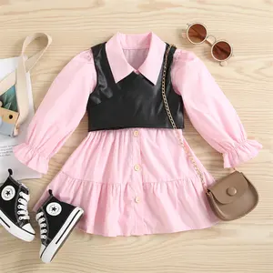 Girls Spring Clothes Long Sleeve Shirts Dress + PU Leather Vest 2pcs Girls Dress Set Kids Clothing Lot Wholesale