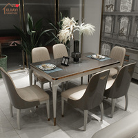 Ensemble de table à manger rectangulaire moderne en bois massif, 6 places, finition gris clair, accents métalliques, meubles de salle à manger de luxe avec miroir