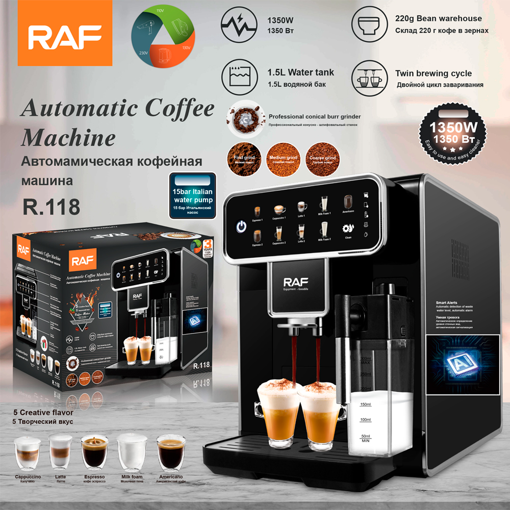 RAF Automatic Bean to Cup Coffee Maker - Programmable Espresso Machine with  15 Bar Pump and Touch Screen Display