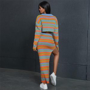 Conjunto de Suéter Tejido Personalizado para Mujer 2026, Top Corto a Rayas con Falda Larga con Abertura Lateral, Atuendo Casual de Dos Piezas - Product Image 1