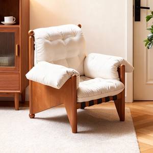 Sillón Individual Vintage de Madera Maciza con Tela a Rayas Color Blanco Hueso, Sillón de Diseño para Sala de Estar, Dormitorio, Balcón, Casa de Huéspedes - Product Image 2