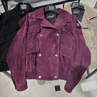Jaket Kulit Oversized Double Breasted Jaket Bomber Kulit Domba Asli Wanita Jaket Kulit Suede Asli