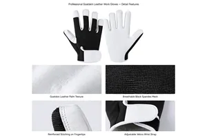 White Leather Wrist-Length Full <b>Finger</b> Safety Grip <b>Gloves</b> with Textured Palm Mechanic Utility for Assembly Four Seasons Use - Product Image 2