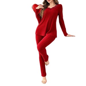 Set Pigiama da Donna con Bordo in Pizzo, Comodo Completo a Righe con Scollo a V e Maniche Lunghe per Autunno e Inverno - Product Image 5