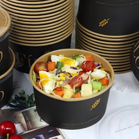 Bol à salade jetable rond en papier kraft noir imprimé avec couvercle, en film CPET, compatible micro-ondes, 1100 ml, vente en gros