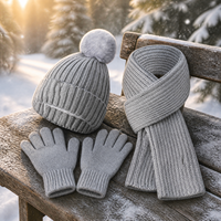 Conjunto de 3 Piezas de Gorro, Bufanda y Guantes de Punto para Invierno, Gorro de Punto Acanalado con Pompón de Piel Sintética, Guantes Táctiles, Accesorios Cálidos, Venta al Por Mayor OEM