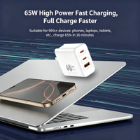 Chargeur universel GaN 65W 3 ports PD 3.0 à charge rapide Type-C avec prise pliable pour ordinateur portable, tablette et alimentation de voyage