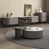 Ensemble de 2 tables basses rondes en verre avec plateau en marbre et tiroirs de rangement, meuble TV et table centrale pour salon – Vente chaude