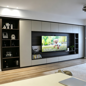Console <span class=keywords><strong>TV</strong></span> bicolore personnalisable BALOM avec armoires supérieures blanches, niche <span class=keywords><strong>TV</strong></span> en <span class=keywords><strong>bois</strong></span> <span class=keywords><strong>et</strong></span> étagères flottantes à niveaux - Product Image 3