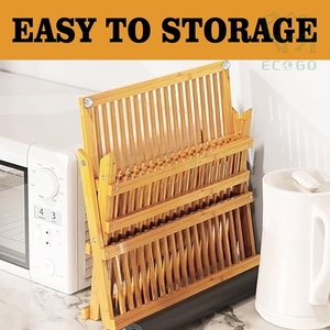 ชั้นวางจานแบบพับได้ปรับระดับได้ ทำจากไม้ไผ่ สำหรับจัดเก็บในครัว พร้อมที่ใส่ช้อนส้อม - Product Image 3