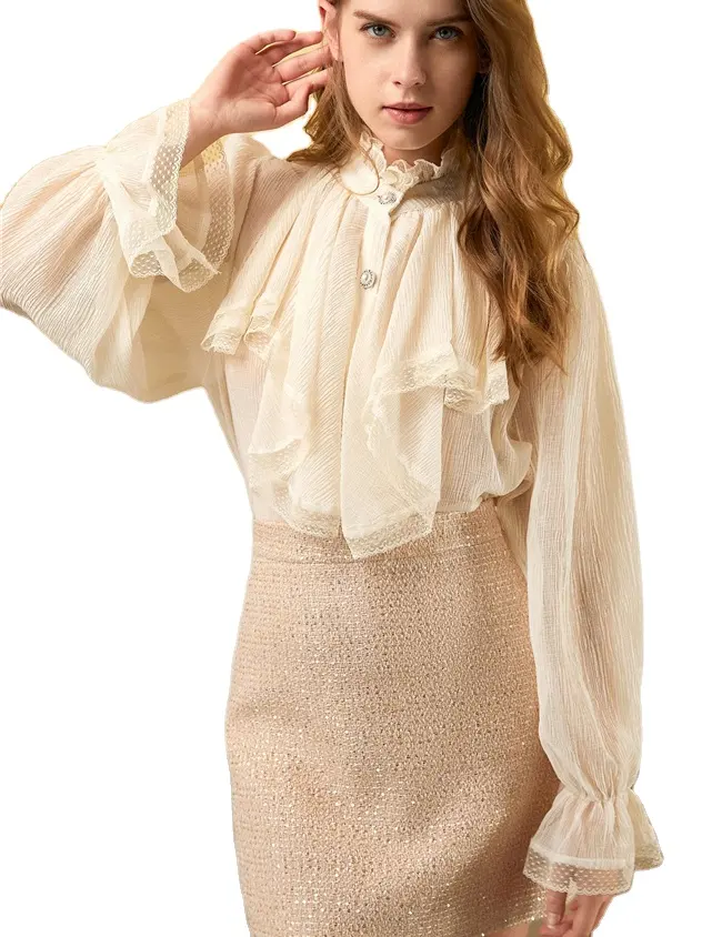 2022 Autumn Elegant Long Sleeve Button Up Ruffle Chiffon Women Blouse