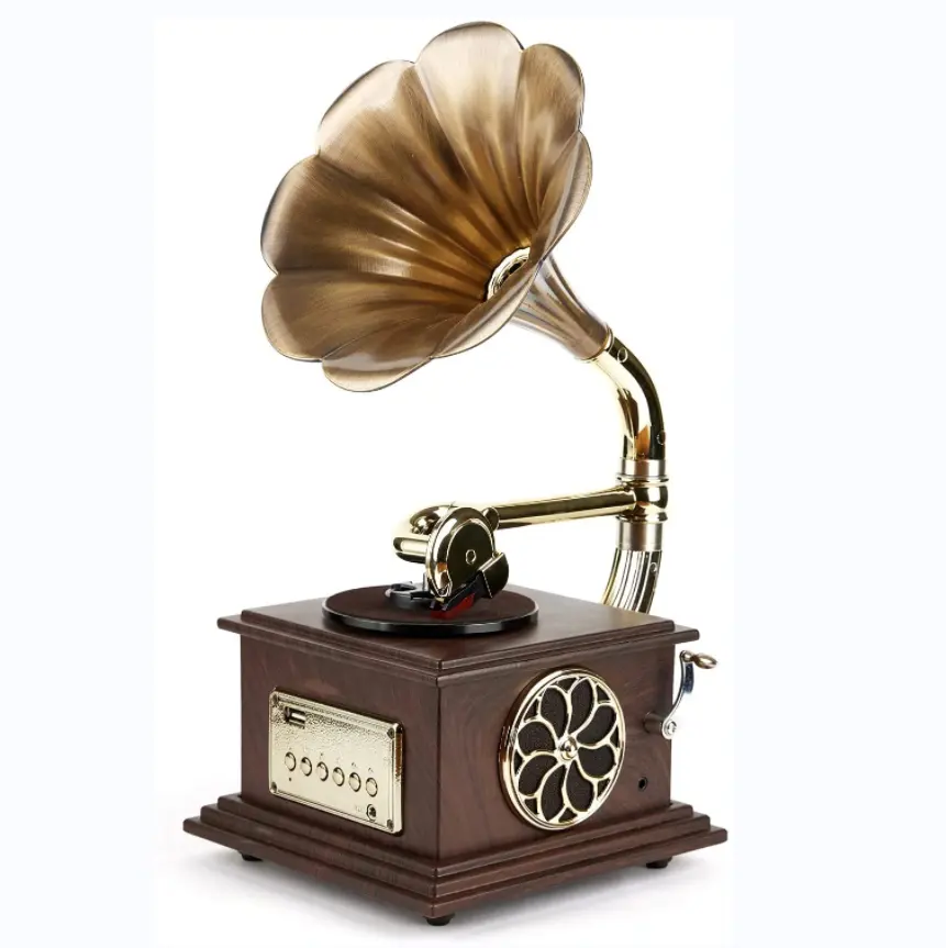 Tourne-disque rétro Gramophone Tourne-disque Phonographe vintage tout-en-un avec corne en cuivre de 3.5mm Sortie USB intégrée Matériau en vinyle