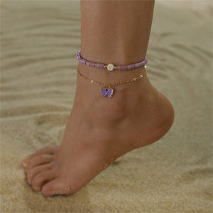 Tobillera con colgante de mariposa púrpura, tobillera de aleación dorada a la moda, tobillera de arcilla polimérica ajustable Bohemia, joyería fina para pie para niña - Product Image 2
