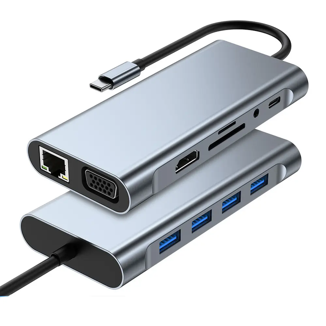 11-in-1 USB Type-C Hub Adapter for HDMI VGA RJ45 SD TF for MacBook for Dell XPS for HP for Lenovo ThinkPad Dual Docking Station
