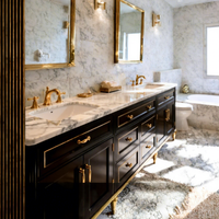 Ensemble de meubles de salle de bain et de cuisine mural de luxe moderne pour villa avec armoire en laque noire, plan de travail en PVC, lavabo en céramique, robinet antique