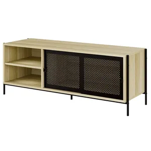 Melamine Wood Media Console Cabinet Metal Wire Netting Mesh Sliding Door TV Stand For Living Room Furniture