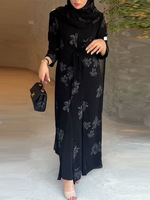 Abaya à imprimé floral, ensemble 1 pièce, kimono ouvert sur le devant avec ceinture à nouer pour femmes musulmanes, vêtements islamiques