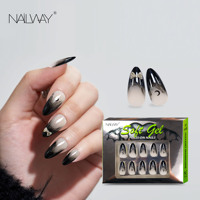 Faux ongles en gel souple noirs à pointe française Halloween, forme amande/stiletto moyenne, design dégradé noir, ongles à coller, style gothique