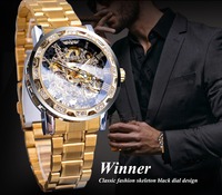 Montre mécanique à remontage manuel pour homme Winner Golden Watches, classique, avec strass, cadran romain, squelette