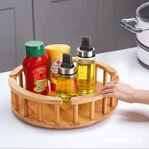 <b>Rotatable</b> Bamboo <b>Spice</b> <b>Rack</b> Kitchen Wooden Oil Can Storage Lazy Susan Multi Function Condiment Holder - Product Image 1