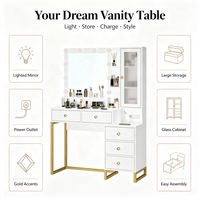 Coiffeuse blanche multifonctionnelle avec miroir éclairé, cadre doré, tiroirs, meuble d'appoint et prise intégrée pour chambre à coucher