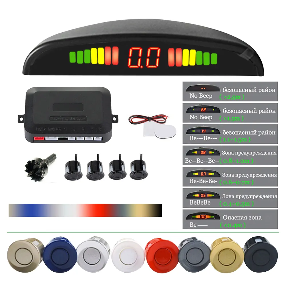 Capteur de stationnement arrière de voiture, système d'aide au stationnement de voiture sans fil, Radar de recul arrière automatique, Kit à ultrasons LED 4 capteurs