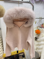 Cardigan en tricot pour femme printemps 2025 avec capuche et bordure en fourrure de renard