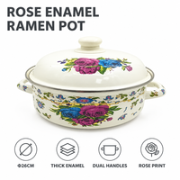 Bol à ramen Senny 26 cm en émail motif lotus avec couvercle, bassine de service à deux poignées, vente en gros usine