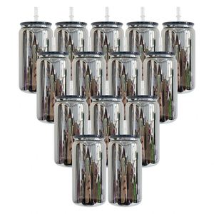 Gobelet en verre transparent en forme de canette de 16 oz, plaqué noir miroir, pour sublimation, avec couvercles en PP colorés - Product Image 1