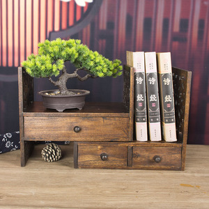 Yijiale Solid Wood Bookshelf 2 Tier Rectangle Retro Desk Storage Rack For Office Bedroom <b>Small</b> Bookcase With <b>Drawer</b> - Product Image 1
