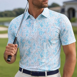 Men <b>White</b> Golf <b>Polo</b> Shirt Short Sleeve Light Blue Print Quick Dry Breathable Stretch Sportswear Outdoor Golf Wear Ready Stock - Product Image 2