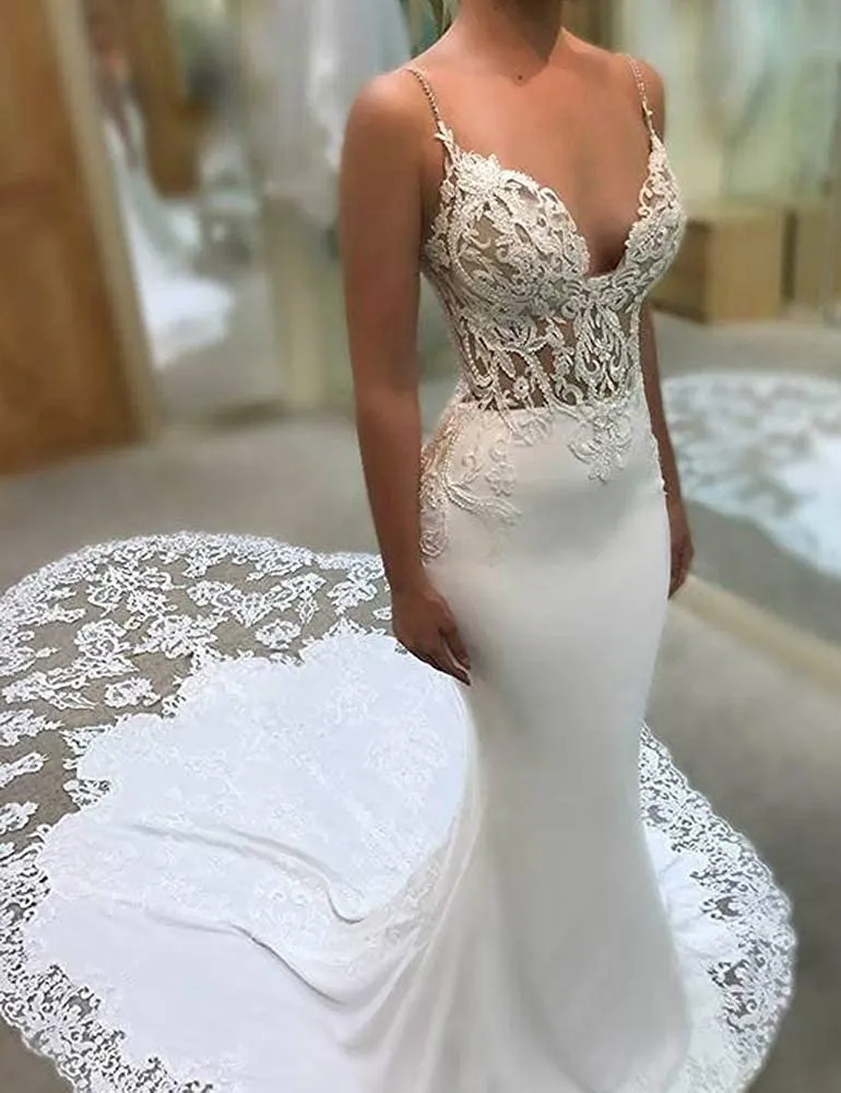 FA202 derin v yaka Vintage Mermaid gelinlik aplikler kolsuz Backless kanat şifon 2022 yeni plaj gelinlikler