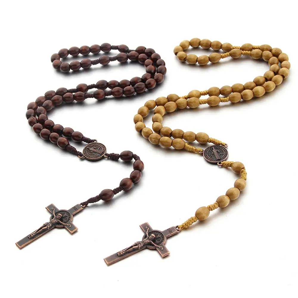 Collier de chapelet de croix catholique, Bracelet de perles de prière en bois naturel avec croix de médaille