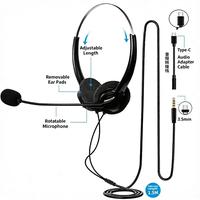 Casque filaire pour centre d'appels avec micro rotatif, prise jack 3,5 mm et adaptateur Type-C, écouteurs professionnels pour ordinateur portable