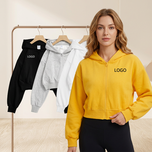 Sudadera con capucha corta para mujer, con cremallera, color liso, logo frontal, informal, primavera, manga larga, forro polar, talla grande, antipilling - Product Image 1