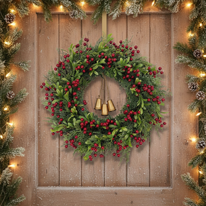 พวงหรีดคริสต์มาสประดิษฐ์พร้อมผลเบอร์รี่สีแดงและใบสน สำหรับตกแต่งประตู ผนังด้านหน้า และพวงหรีดตกแต่ง - Product Image 3