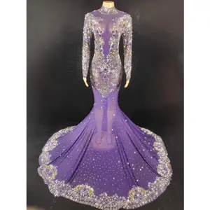 奢华水晶长袖晚礼服紫色钻石网眼舞会礼服优雅独特的红地毯礼服
