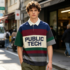 Men's Heavyweight Oversized T-Shirt Streetwear Embroidery Logo T Shirt Custom Boxy Fit Color Blocking Stripe Golf Shirt for Men - Product Image 3