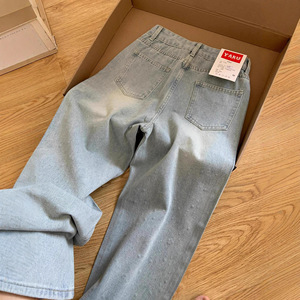 PEEQI A2515 Nouveau design Meilleure vente Jeans droits pour femmes Strass Pantalons en denim amincissants Mode Grande <span class=keywords><strong>taille</strong></span> Jeans à jambes larges - Product Image 3