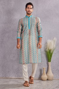 <b>Men's</b> Blue Printed Cotton <b>Kurta</b> Regular Fit Ankle-Length Traditional Casual Wear India Pakistan Style <b>Kurta</b> for <b>Mens</b> - Product Image 3