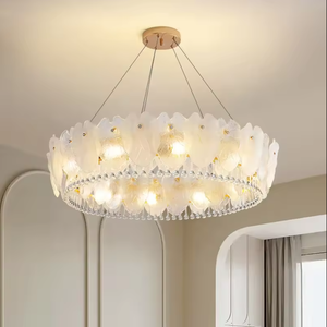 Zeal Lighting Modern <b>White</b> Glass Petal Crystal Chandelier LED Round Ceiling Light 2700K <b>Living</b> <b>Room</b> - Product Image 6